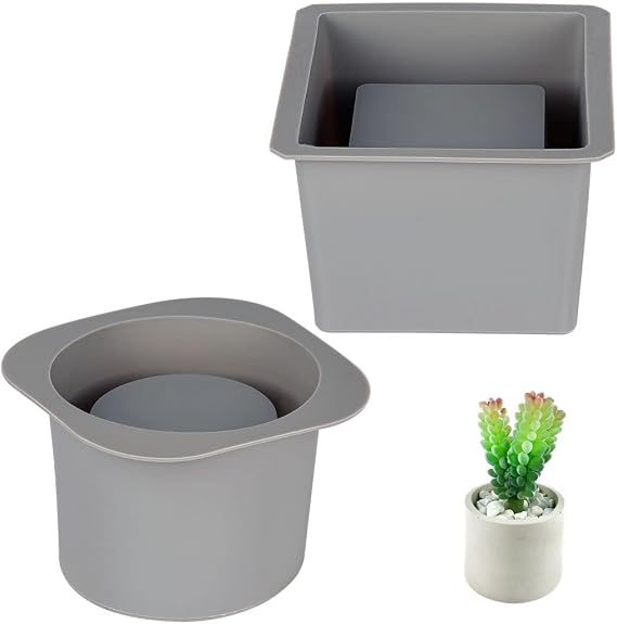 2Pcs Concrete Silicone Molds - DIY Succulent Pot Molds, Round & Square for Plant Pots