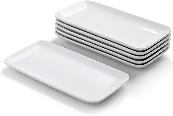 WishDeco Rectangular Serving Plates, Set of 6, Porcelain Ceramic, White, 23 x 12 cm, Contemporary Style, Perfect for Desserts, Cakes, Sushi, Salad, Antipasti