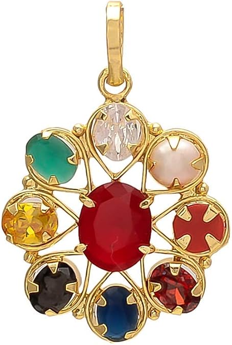 Original Rare Circle Navratna Pendant, Round Shape, Brass and Stone Made, Size Aprox 2cm and 20g, Pack of 1 Navratna Pendant with Black Thread in Box