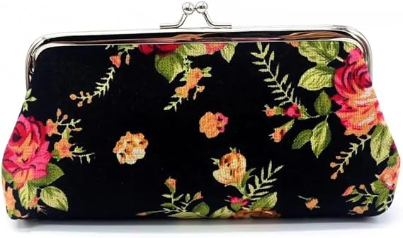 HUFFA Peony Flower Clutches Wallet Coin Purse Vintage Hasp Closure Chinese Rose Women Handbag Money Bag Phone Bag Cosmetics Bag(Black)