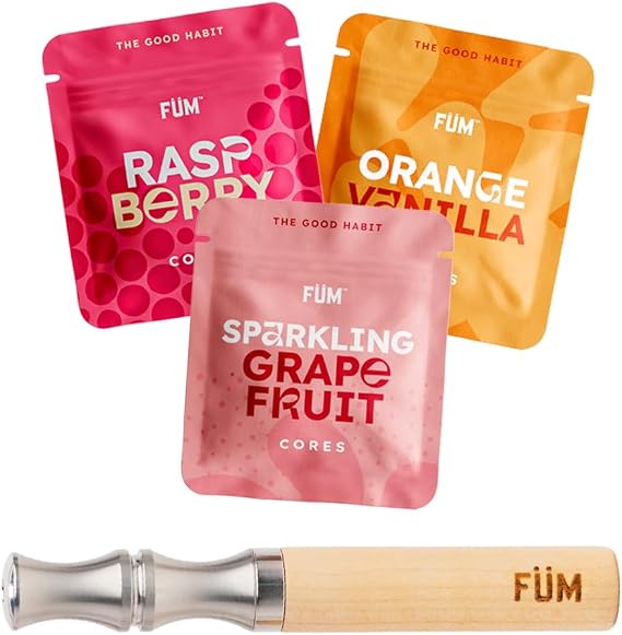 FUM Prominent Flavored Air Device | Naturally Switch from Bad Habits | Maple Barrel and Stainless Steel Mouthpiece with 3 Packs of Plant Based Citrus Cores | 9 Total Cores