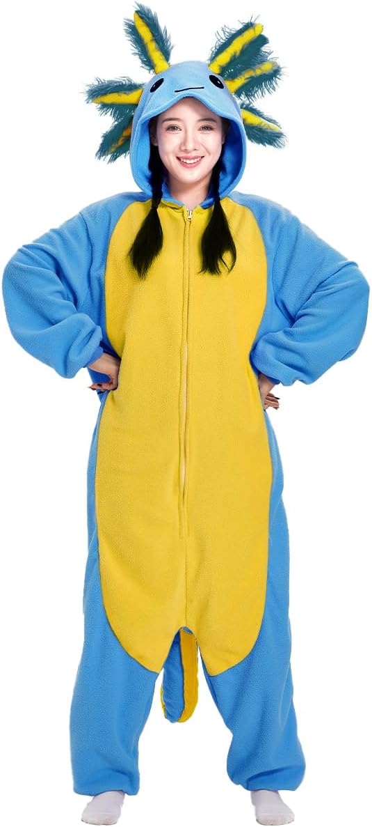 Axolotl Costume Adults Onesies Unisex Pajamas Cosplay Animal Plush Homewear Halloween Jumpsuit for Men Women