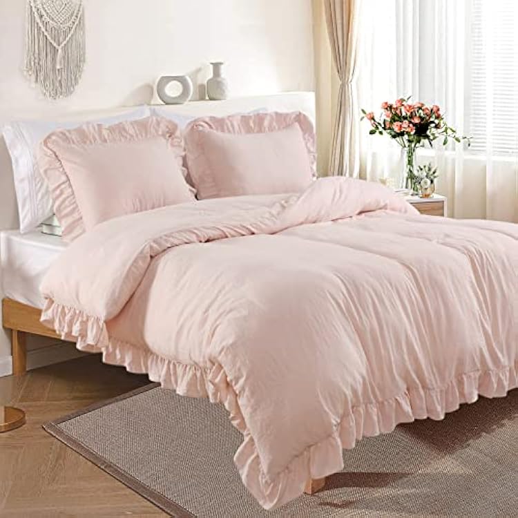 Fashionwu Duvet Cover Queen Size, Microfiber Ruffled Duvet Cover Set Soft and Breathable Queen Duvet Cover Set for All Season 3 Pieces 1 Duvet Cover, 2 Pillowcases, Pink
