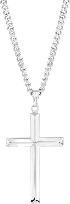 Men's Sterling Silver Catholic Cross Pendant Necklace, Masculine And Rugged 925 Sterling Silver Beveled Edge Cross Pendant, 24 " (Inch) Stainless Steel Curb Chain Necklace With A Spring Ring Clasp