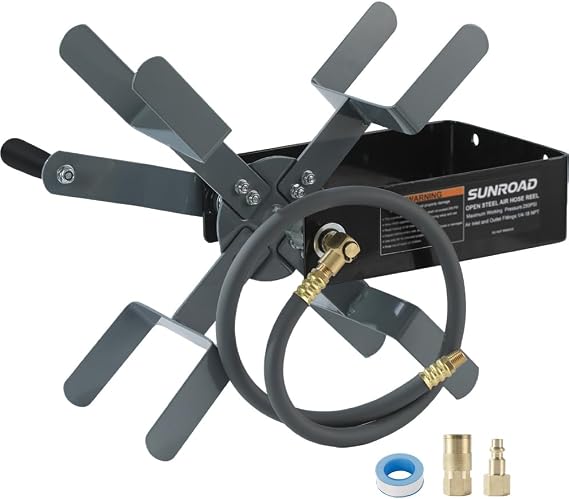 Manual Air Hose Reel with Hybrid Lead-in Hose, Heavy Duty Steel Wall Mount Hose Reel, Fits 100ft x 3/8" Hose, Hand Crank Hose Reel with 1/4" NPT 6-Ball Coupler, Brass Plug & Thread Seal Tape