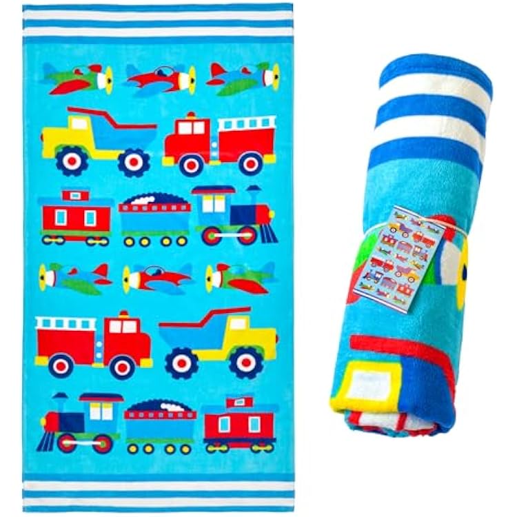 Wildkin Kids Beach Towel 100% Cotton, Soft & Absorbent, Ideal Pool & Beach Essential Trains, Planes and Trucks