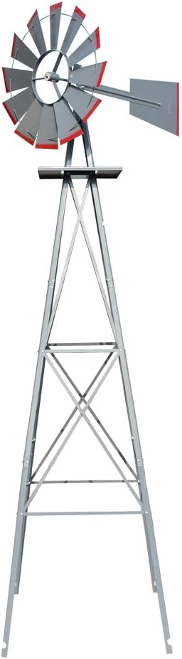 VINGLI 8FT Ornamental Windmill Backyard Garden Decoration Weather Vane, Heavy Duty Metal Wind Mill w/ 4 Legs Design (Grey)