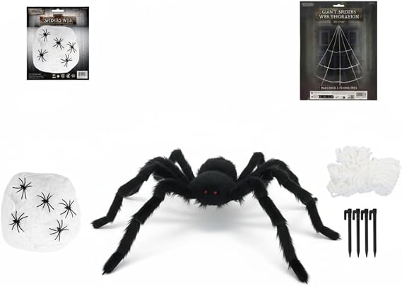 100cm Giant Hairy Poseable Spider with Huge 5 Meter Triangular Web | Scary Outdoor Halloween Yard Decorations & Front Porch Prop Kit | Weatherproof, Quick Setup Value Pack