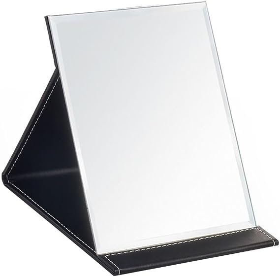 JOLY Protable PU Leather Mirror Folding Desktop Makeup Mirror with Adjustable Stand for Personal Use,Travelling (S, Black)