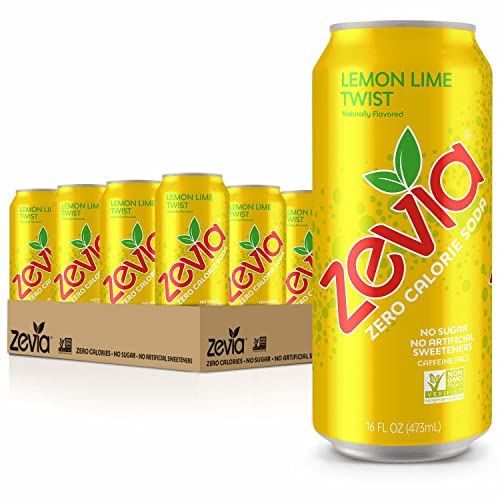 Zevia Zero Calorie Soda, Lemon Lime Twist, 16 Ounce Cans Pack of 12