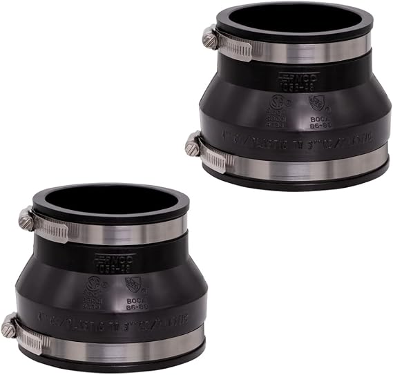 Fernco 1056-43 4-in.x 3-in. PVC Flexible Reducer Pipe Coupling for Cast Iron and Plastic Plumbing Connections, 2-Pack