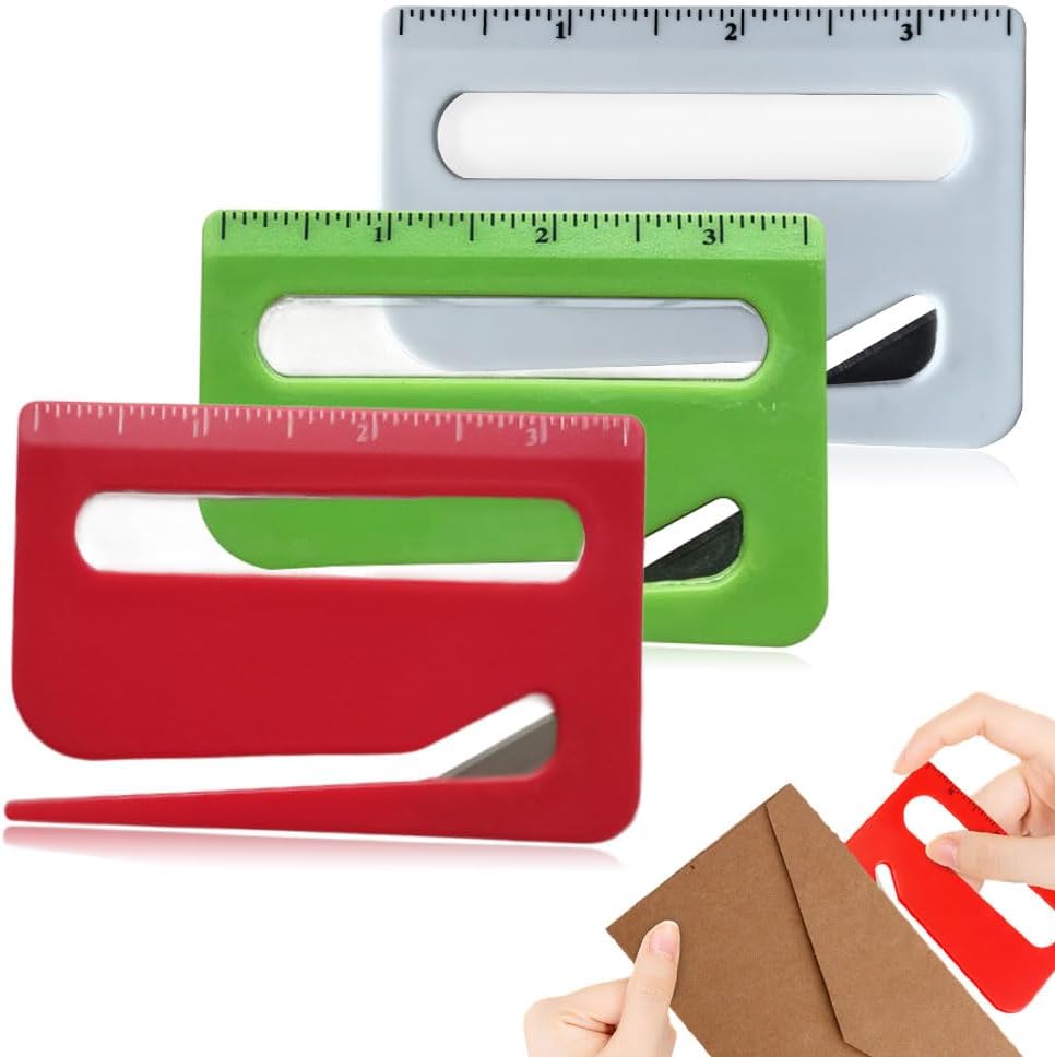 2025 New Envelope Opener, Letter Opener Envelope Slitter Mail Opener Tool, Envelope Opener Slitter with Pointed End & Magnifying Glass & Scale Wrapping Paper Cutter Tool for Office Home Color B#3Pcs