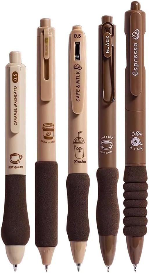 Cute Gel Pens, 5PCS Retractable Quick Dry Ink Pens, 0.5mm Fine Point Black Ink, Smooth Writing Pens for School Office Supplies Aesthetic pretty pens (Coffee)