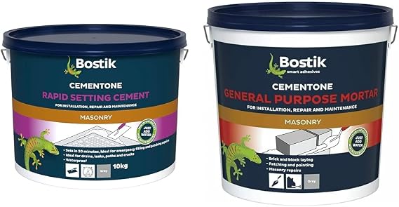 Bostik Cementone Rapid Setting Cement, For Interior & Exterior Use, Waterproof, Colour: Grey, 10kg & Cementone General Purpose Mortar, Pre-Mixed, Easy to Use