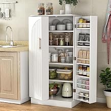 kepptory 47" Tall Kitchen Pantry Cabinet, Snow-White Pantry Storage Cabinet with Adjustable Shelves, Barn Doors and Drawer Farmhouse Cupboard for Kitchen, Dining Room, Bathroom (16" D x 24" W x 47")