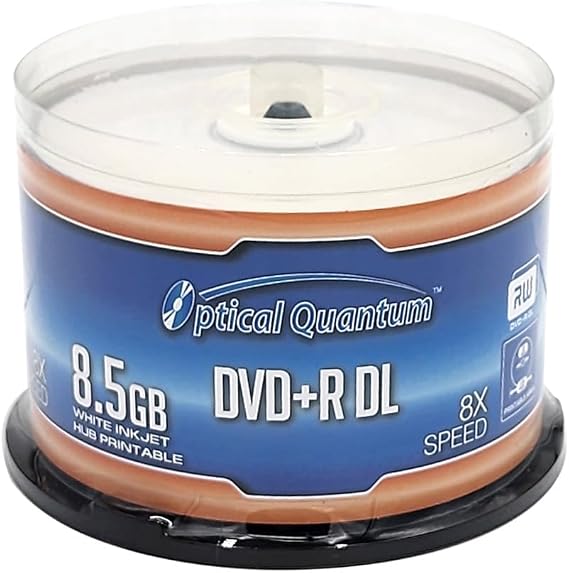 8X 8.5GB DVD+R DL White Inkjet Printable Double Layer Recordable Blank Media, 50-Disc Spindle OQDPRDL08WIP-H | Hub Printable Double Layer DVDs for Full-Color Printing and Data Storage