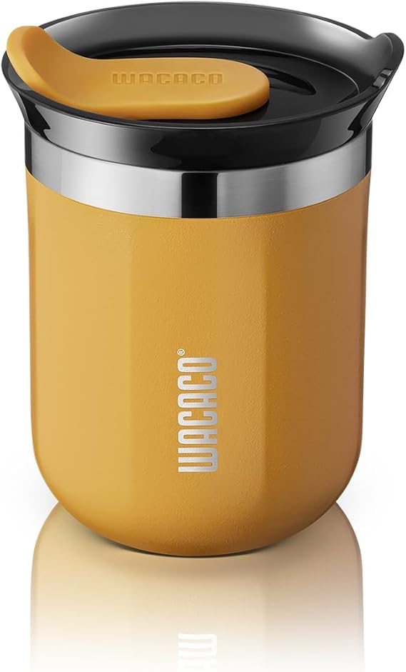 WACACO Octaroma Classico Travel Coffee Mug, Double-wall Stainless Steel Travel Tumbler With Drinking Lid, 6 fl oz (180ml), Amber Yellow