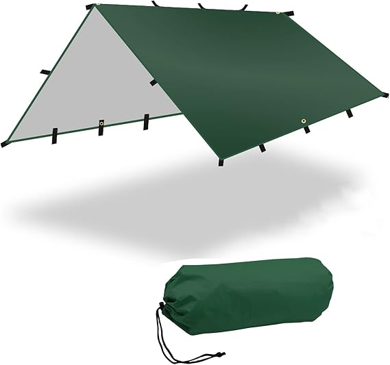 Waterproof Camping Tarp, Bushcraft Survival Shelter, Portable Hammock Rain Fly, Sunscreen Awning Canopy with Silver Coating for Outdoor Camping, Hiking & Backpacking