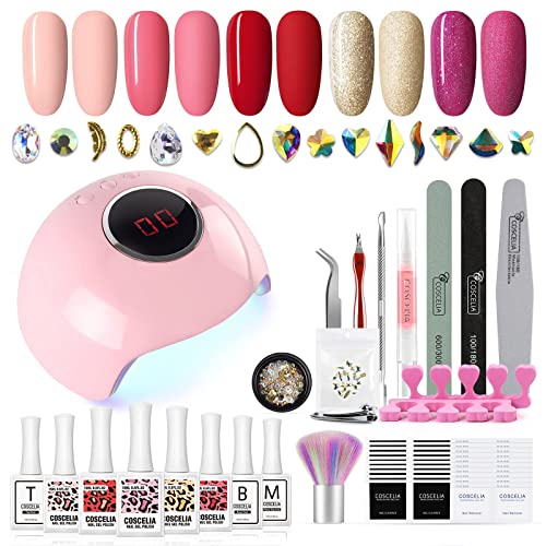 Gel Nail Polish Kit With U V Light Starter Kit 5pcs Soak off Gel Polish Set Matte&Glossy Top Coat Nail Rhinestones Decoration Nail Art Tools Gel Manicure Kit Gifts for Women 15ML