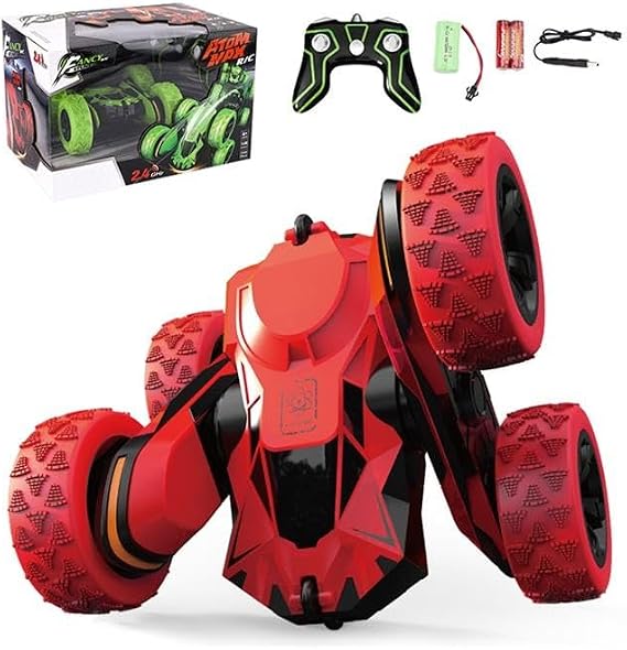 R/C Remote Control Stunt Car, 4WD, 2.4 GHz, 360° Double-Sided Flips, LED Lights, 24 cm, for Ages 6+ (Red)