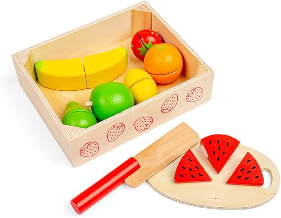 Bigjigs Toys Cutting Fruits Crate - 7 Piece Fruit with Velcro Fastenings, 1 Wooden Knife, 1 Chopping Board, Childrens Kitchen Accessories for Role Play, Baby & Toddler Gifts, 18 Months +