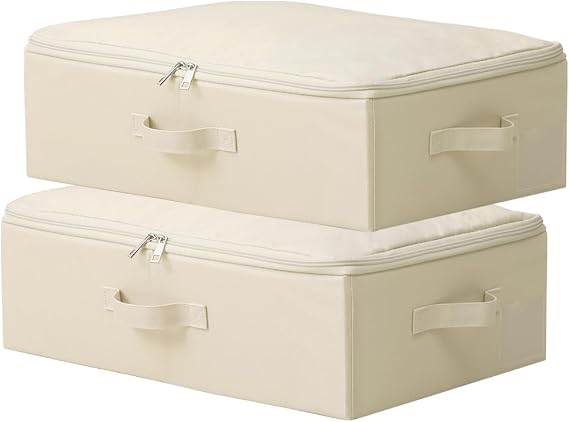 2 Pack Foldable Storage Baskets with Zipper Washable and Stackable Slim Storage Boxes for Living Room Closet Shelves Organiser Beige