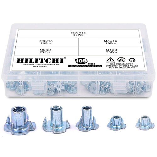 Hilitchi 105-Pcs M4 5 6 8 10 Zinc Plated Steel T Nuts Four Claw Nuts Assortment Kit for Wood Rock Climbing Holds Cabinetry Furniture