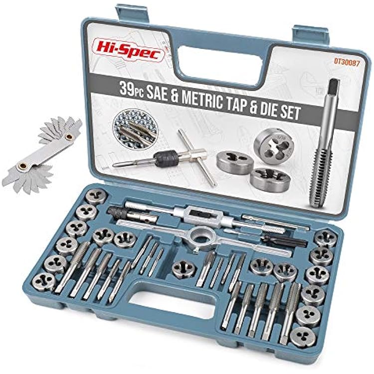 Hi-Spec 39 Piece SAE & Metric Tap & Die Set. Complete M3 to M12  #4 to 12in Fine & Coarse Tools to Cut, Chase and Thread with Screw Pitch Gauge in a Tray Case