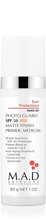 M.A.D Skincare PHOTO GUARD SPF 50 MATTE FINISH PRIMER Sun Protection 2-in-1 Sheer Matte Mineral Makeup Primer & Shield UVA/UVB Defense Creates Flawless Even Skin Tone 1 oz Medium
