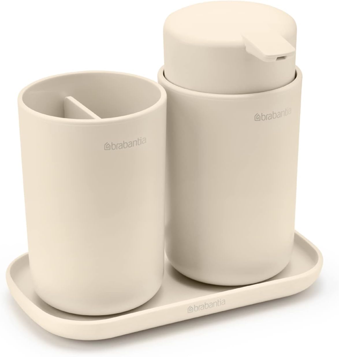 Brabantia - Renew banyo aksesuar seti – Sabunluk, diş fırçası tutucu ve raf – damlatmayan pompa mekanizması – kaymaz taban – korozyona dayanıklı – banyo için 3'lü set – yumuşak bej