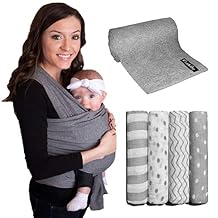 Cuddlebug Baby Wrap Sling + Muslin Swaddle Baby Blankets Bundle in Grey