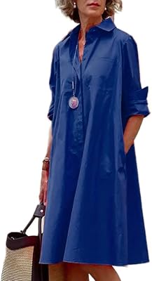 Womens 2025 Long Sleeve Button Down Shirt Summer Dress Casual V Neck Loose Fit Midi Shirt Dresses with Pockets