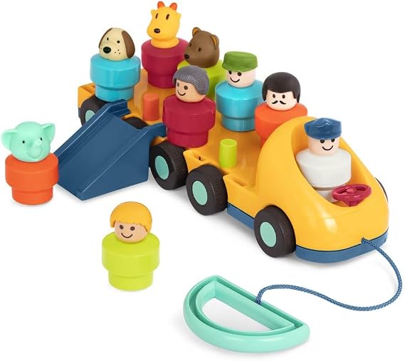 Battat Toy Bus for Toddlers, Spinning Bus with 9 Figures and Ramp, Vehicles | Pull-along toy bus with moving parts, 9 assorted characters, detachable ramp, color-matching play for toddlers, 18+ Months