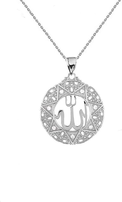 Middle Eastern Jewelry Exquisite Sterling Silver CZ Round Islamic Allah Filigree Pendant Necklace (Small)