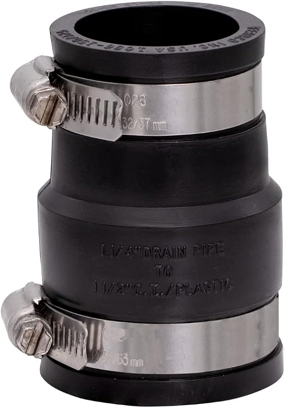 Fernco 1056-150/125 Reducing 1-1/2-in. x 1-1/4-in. Flexible PVC Pipe Coupling for Cast Iron and Plastic Plumbing Connections in Black