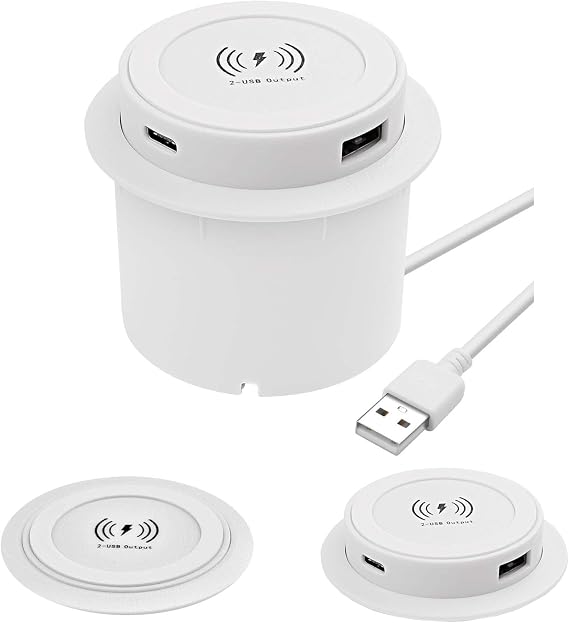 Table Socket Retractable Built-in Socket with Wireless Charger White
