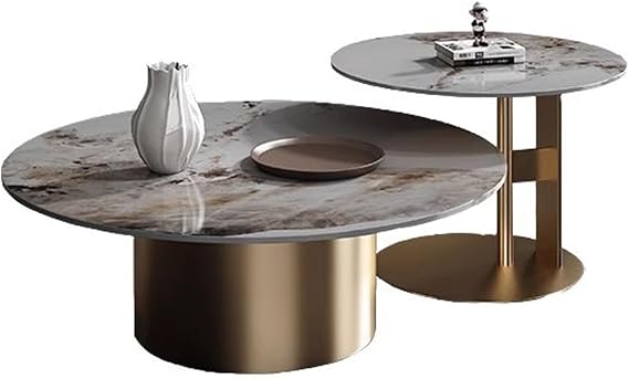 Modern Round Coffee Table with Marble Top,Mid-Century Coffee Tables Set of 2,Small Round Center Table for Living Room,Modern Accent Tea Table Living Room