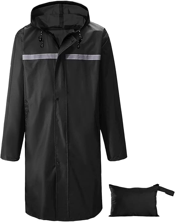 Mens Waterproof Hooded Raincoat, Lightweight Packable Windproof Long Rain Jacket with Reflective Strip