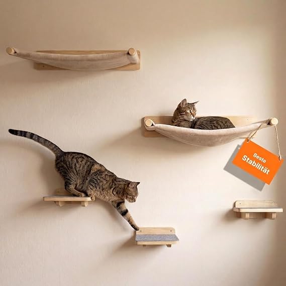 Woowood® Climbing Wall Cats 5 Pieces 2 Hammocks and 3 Stairs Solid Wood