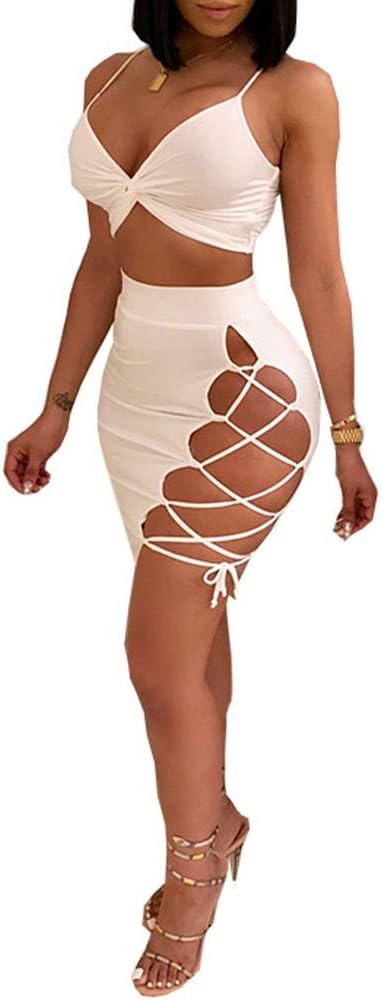 Women's Sexy Sleeveless Bodycon Club Mini Dress 2024 Summer Spaghetti Strap Cut Out Two Piece Skirt Sets