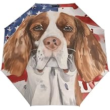 Brittany Spaniel US Flag Windproof UV Umbrellas Auto Open Close 3 Folding Strong Durable Compact Travel Sun Umbrella, Portable Lightweight Easy Carrying