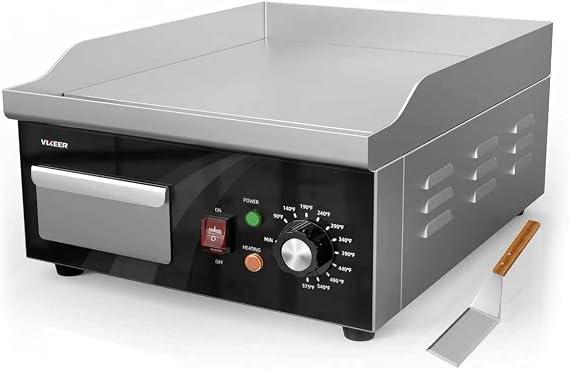 VIKEER Electric Griddle, 14 Inch Flat Top Grill Commercial Electric Griddles Stainless Steel Adjustable Temperature Control 90F-575F for Home or Restaurant Use