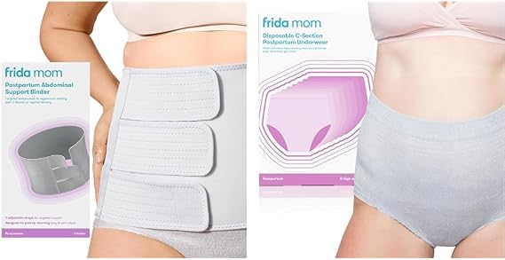 Frida Mom Belly Binder, Adjustable Compression Wrap + Postpartum Disposable High Waist Underwear, Size Regular (Waist 28"-42" Stretched), 8 Count, C-Section Recovery Bundle