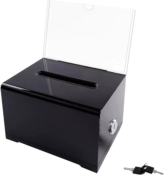 Black Acrylic Donation Box with Lock, Lockable Suggestion Box with Key