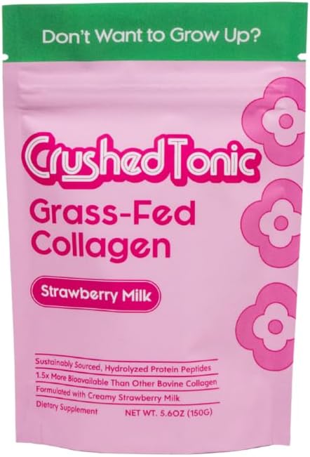 Crushed Tonic Korean Beauty Collagen Powder | Hydrolyzed Bovine Collagen Peptides | Skin, Hair & Nails | K-Beauty Drink | Gluten-Free, Halal & Kosher (Strawberry Milk, 60 g, Mini Pouch)
