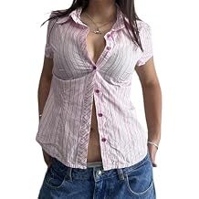 Women Fashion Striped Button Up Shirt Summer Casual Shot-Sleeve Blouse Tops Y2K Shirt Streetwear