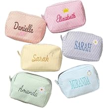 Personalized Cosmetic Bag with Name, Cute Custom Makeup Bags for Women Girls Seersucker Bridesmaid Travel Bag, Organizer Storage Pouch, Cute Pattern, Available to Match Travel Bags