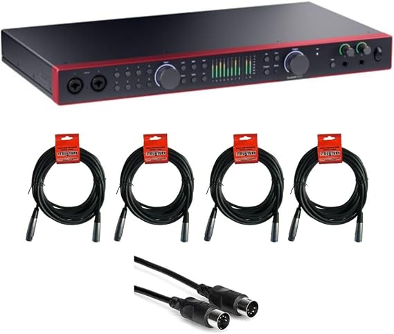 Focusrite Scarlett 18i20 USB-C Audio/MIDI Interface (4th Generation) Bundle with XLR- XLR Cable (4 Pack), Hosa Mid-310 Black 10 ft. Midi cable (2 Pack)
