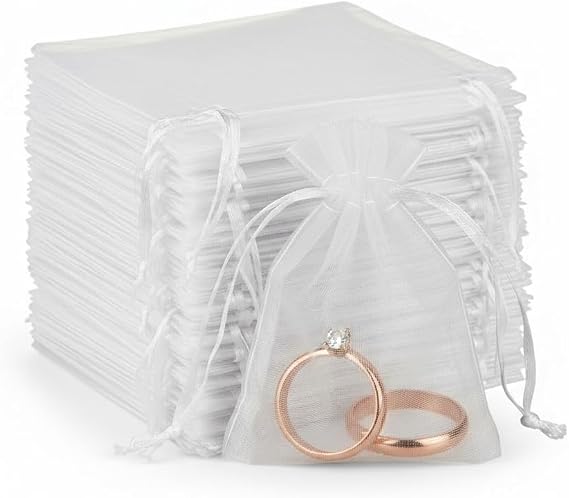 Sukh 100pcs Organza Bags 3"x4" - White Small Mesh Drawstring Gift Bags