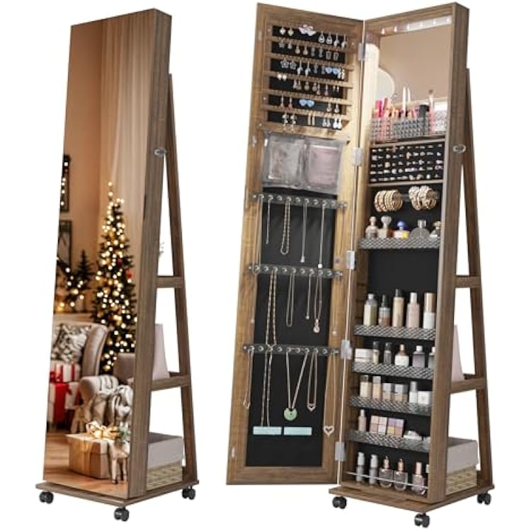 Lvifur 360 Rotating 64 Jewelry Armoire with 6 LEDS, Full Length Mirror Large Capacity Jewelry Organizer Armoire, Lockable Floor Standing Mirror with 4 rollers for Bedroom, Cloakroom